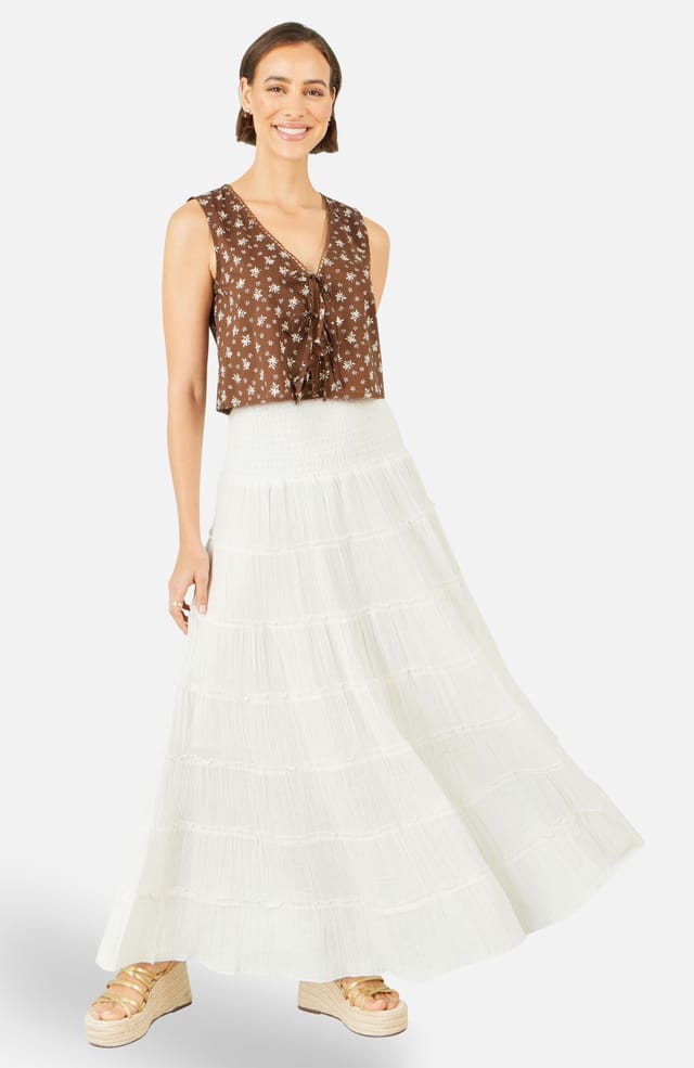Yumi Yumi Women's White Double Cotton Tiered Boho Maxi Skirt in Off-White - 2
