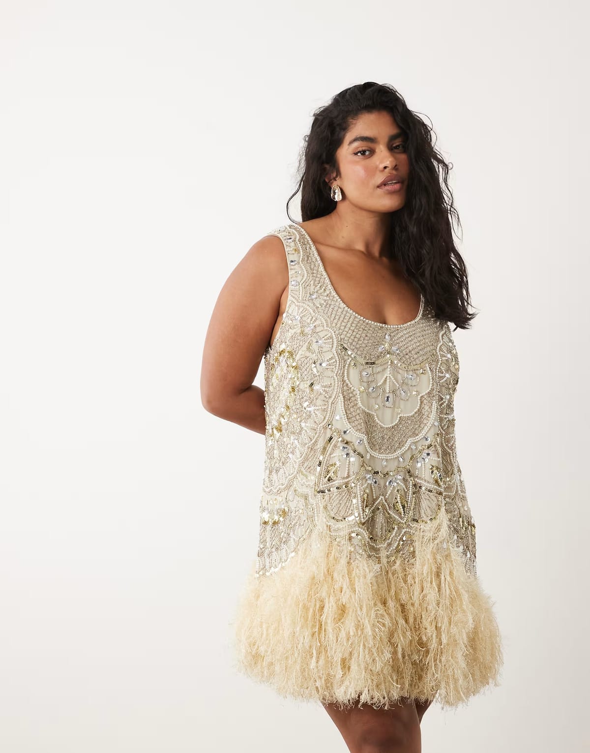 ASOS ASOS LUXE Curve embellished scoop neck mini dress with faux feather hem in pale yellow - 1