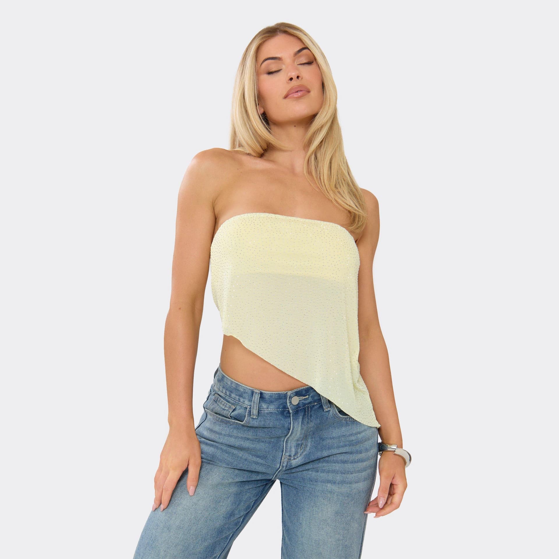 EGO Bandeau Hot Fix Detail Asymmetric Hem Top In Lemon, Women's Size UK 6