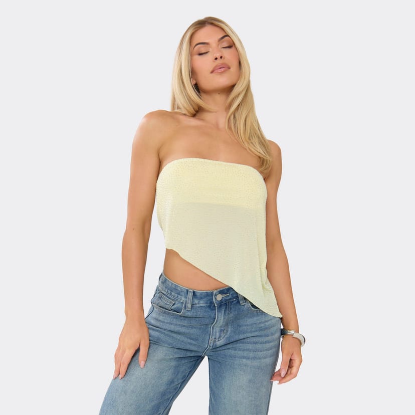 EGO Bandeau Hot Fix Detail Asymmetric Hem Top In Lemon, Women's Size UK 6 - 1