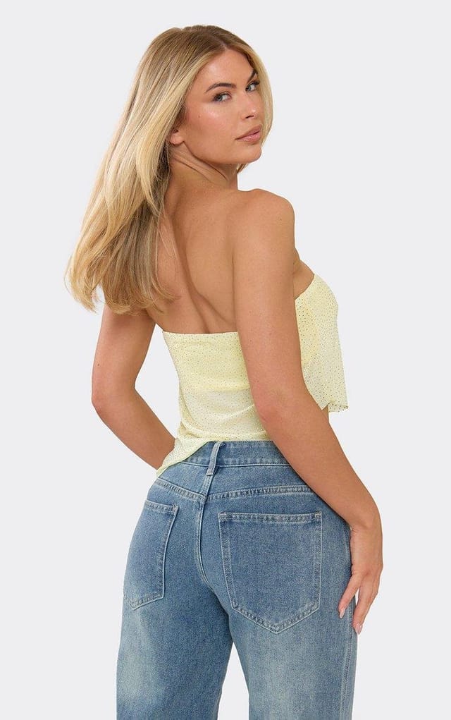 EGO Bandeau Hot Fix Detail Asymmetric Hem Top In Lemon, Women's Size UK 6 - 2