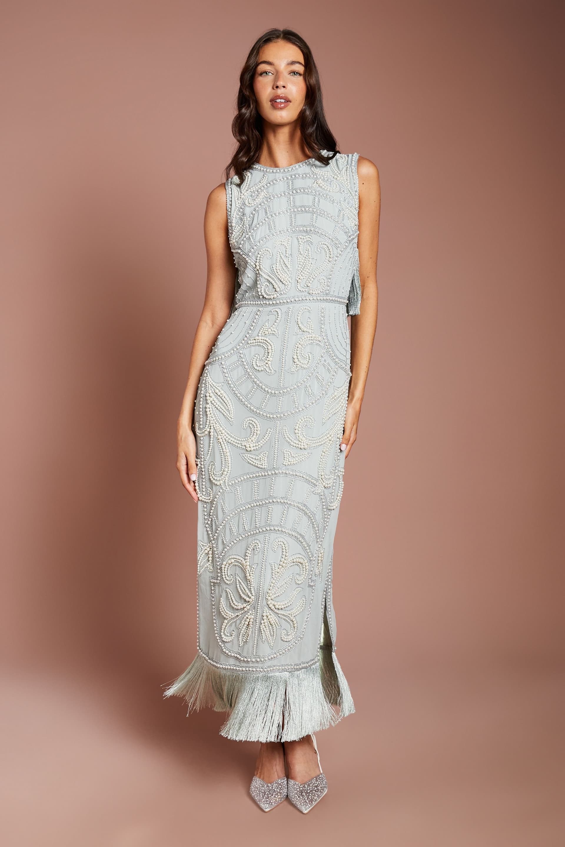 Coast Coast Women's Muse Tassel Detail Embellished Maxi Dress in Silver
