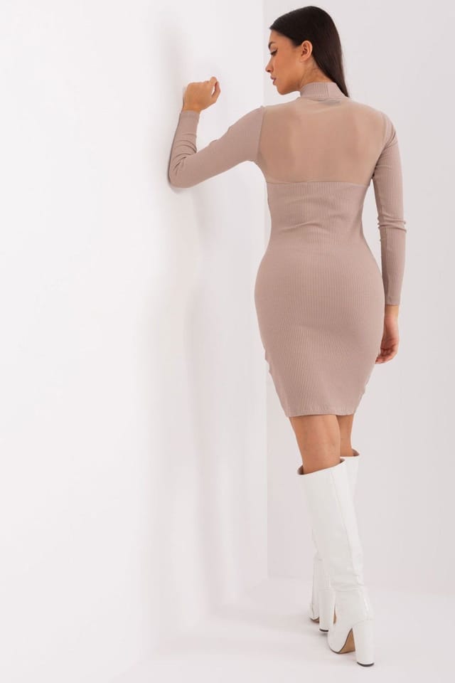 Love Lace Love Lace Women's Ribbed Cotton Pencil Dress Long Sleeve in Beige - 3