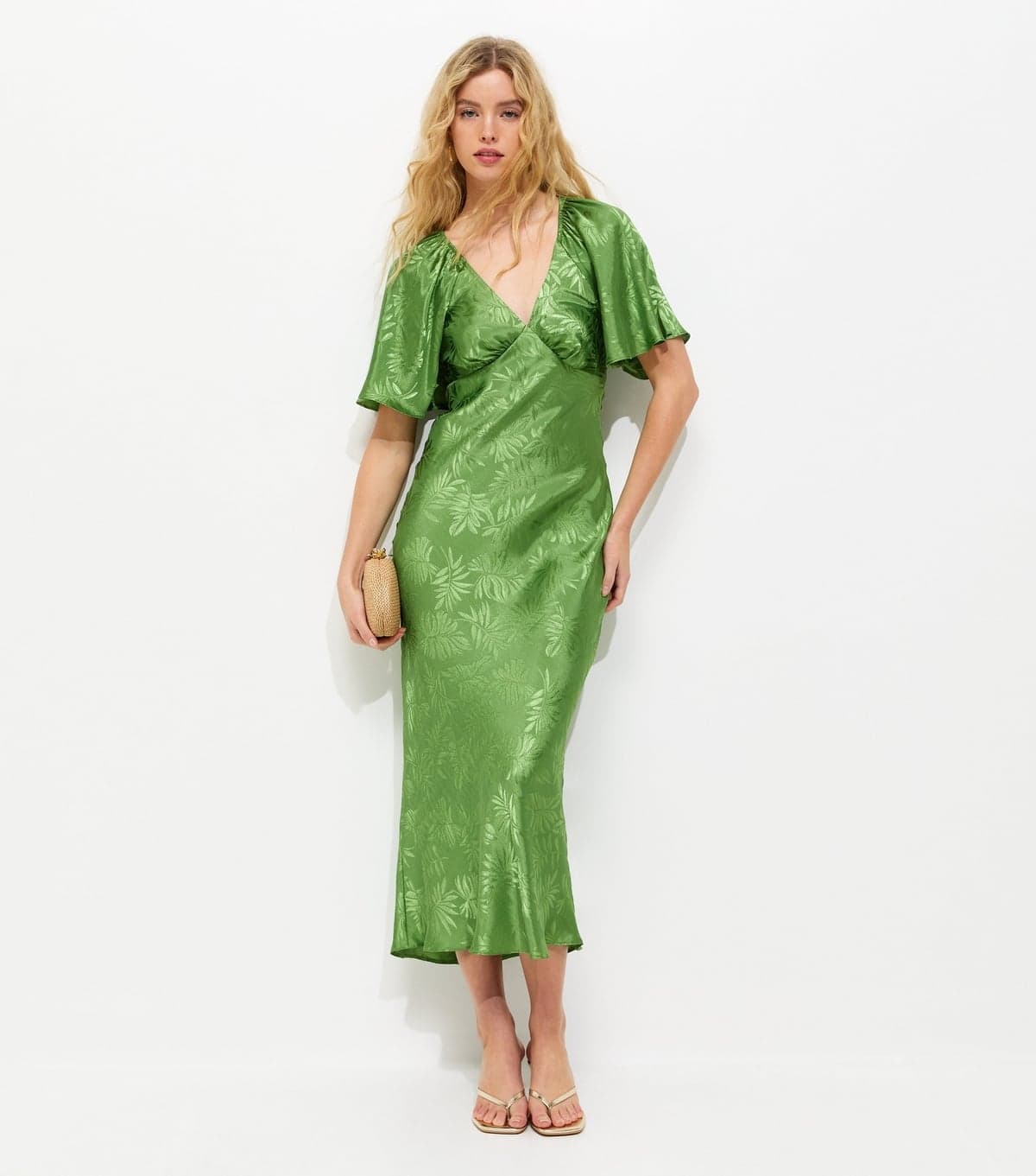 New Look Women's Light Green Palm Leaf Jacquard Flutter Sleeve Midi Dress New Look
