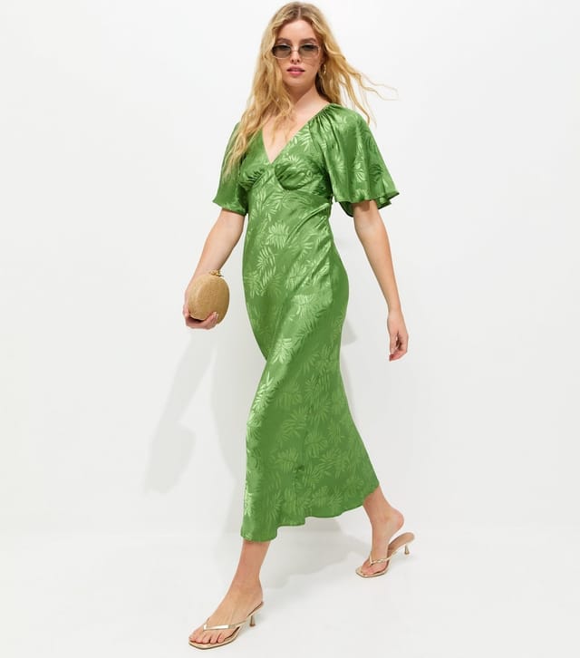 New Look Women's Light Green Palm Leaf Jacquard Flutter Sleeve Midi Dress New Look - 3