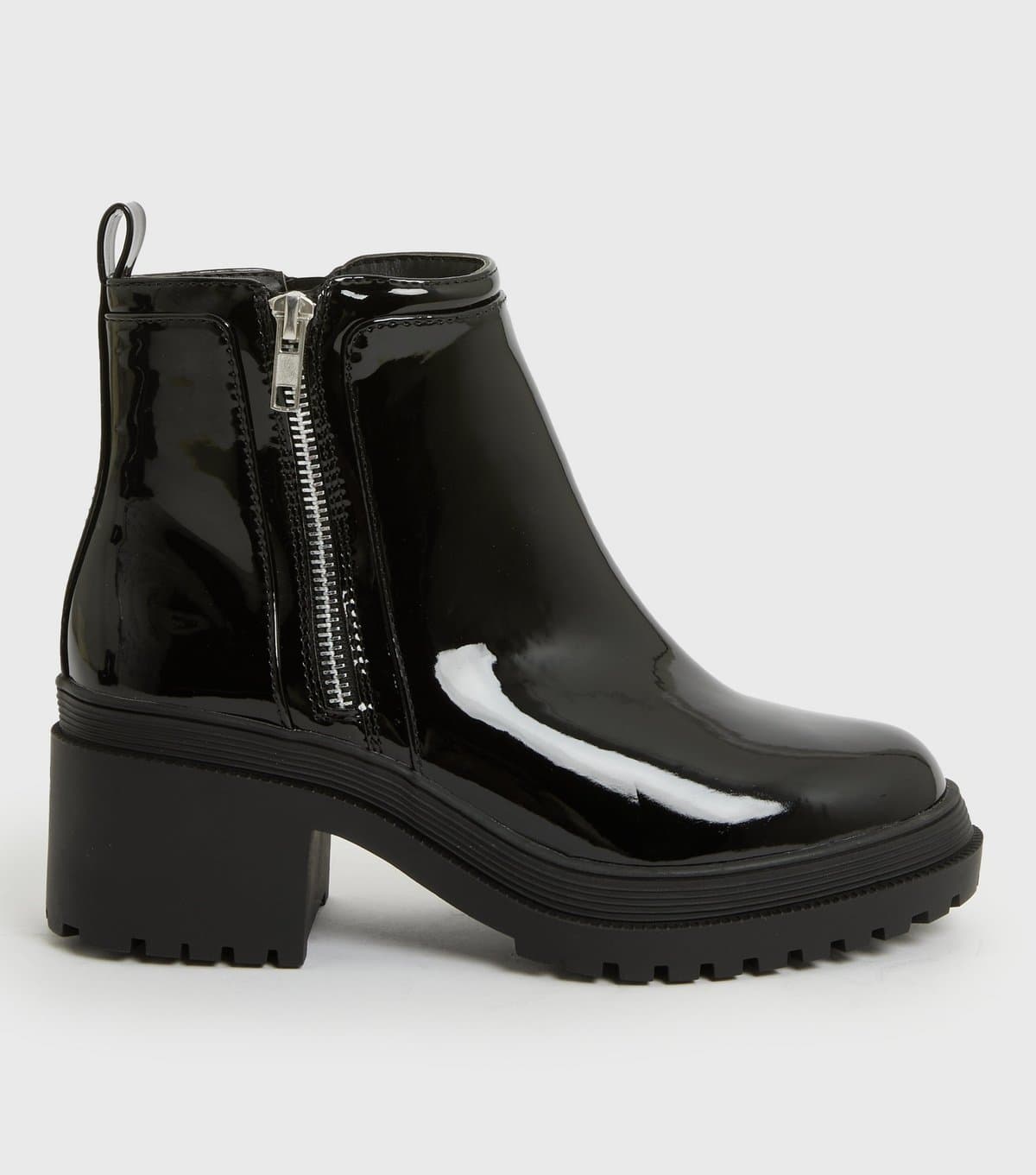 New Look Women's Wide Fit Black Patent Block Heel Zip Ankle Boots Vegan New Look