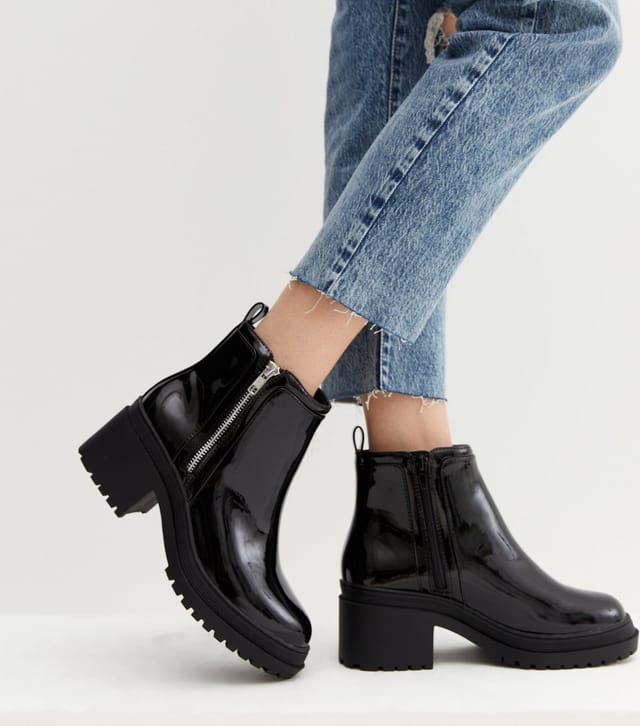 New Look Women's Wide Fit Black Patent Block Heel Zip Ankle Boots Vegan New Look - 2