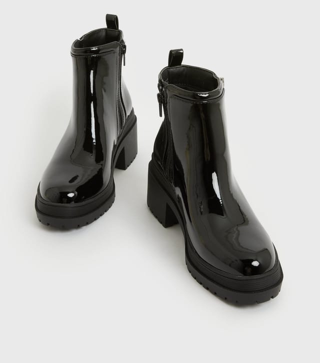 New Look Women's Wide Fit Black Patent Block Heel Zip Ankle Boots Vegan New Look - 3