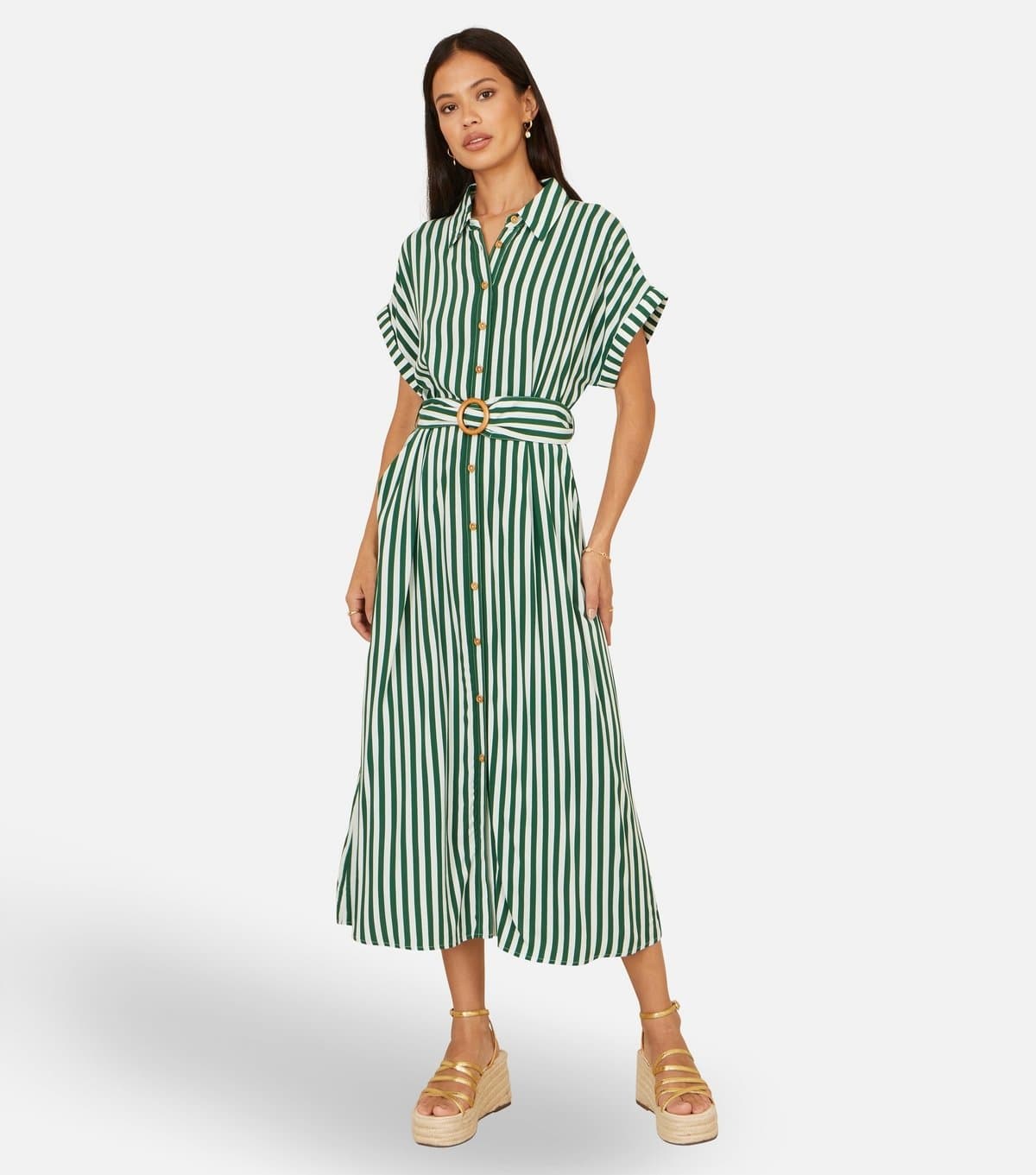 Yumi Women's Green Stripe Midi Shirt Dress Yumi New Look