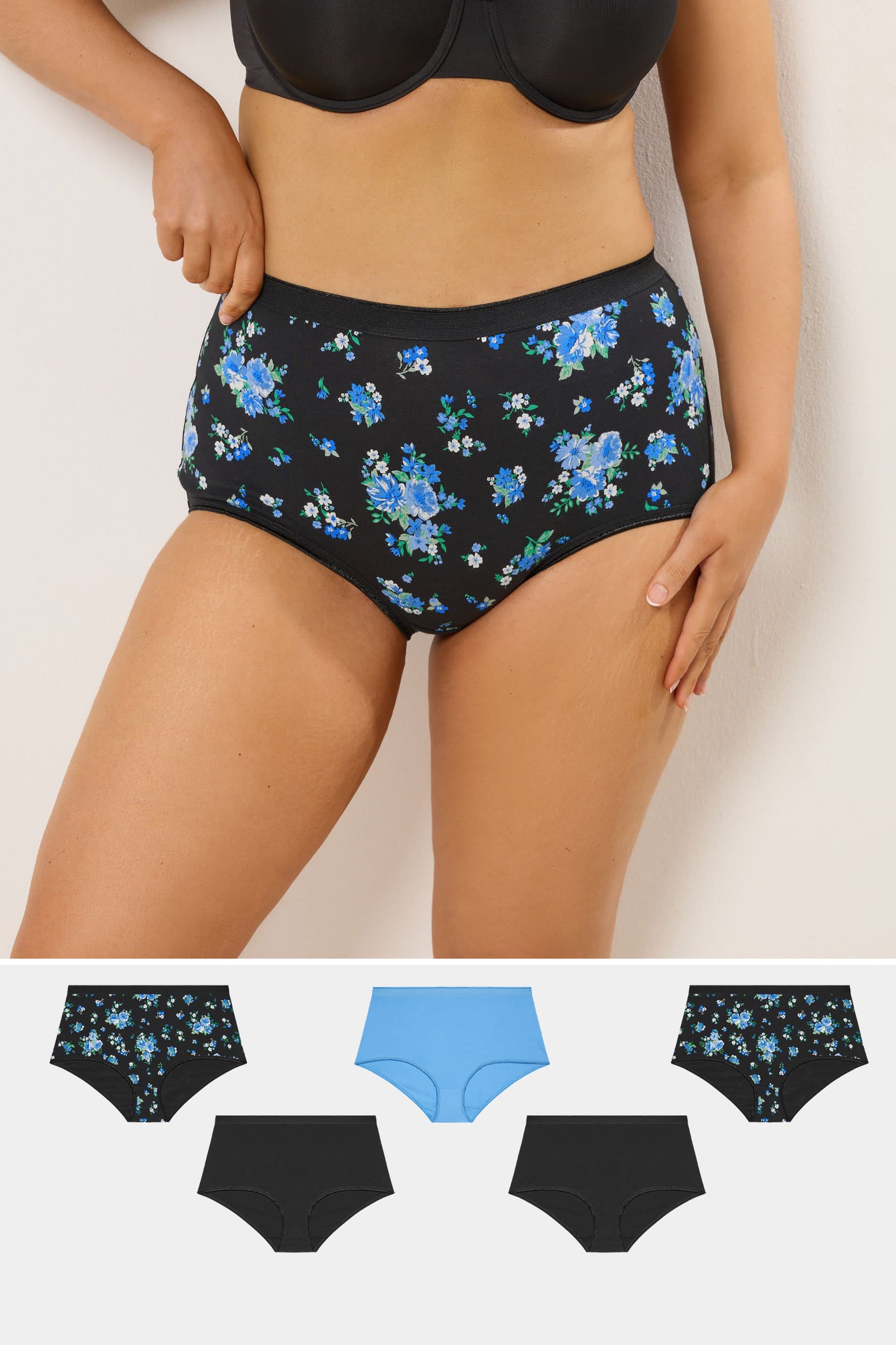 Yours 5 Pack Plus Size Black Floral Full Briefs