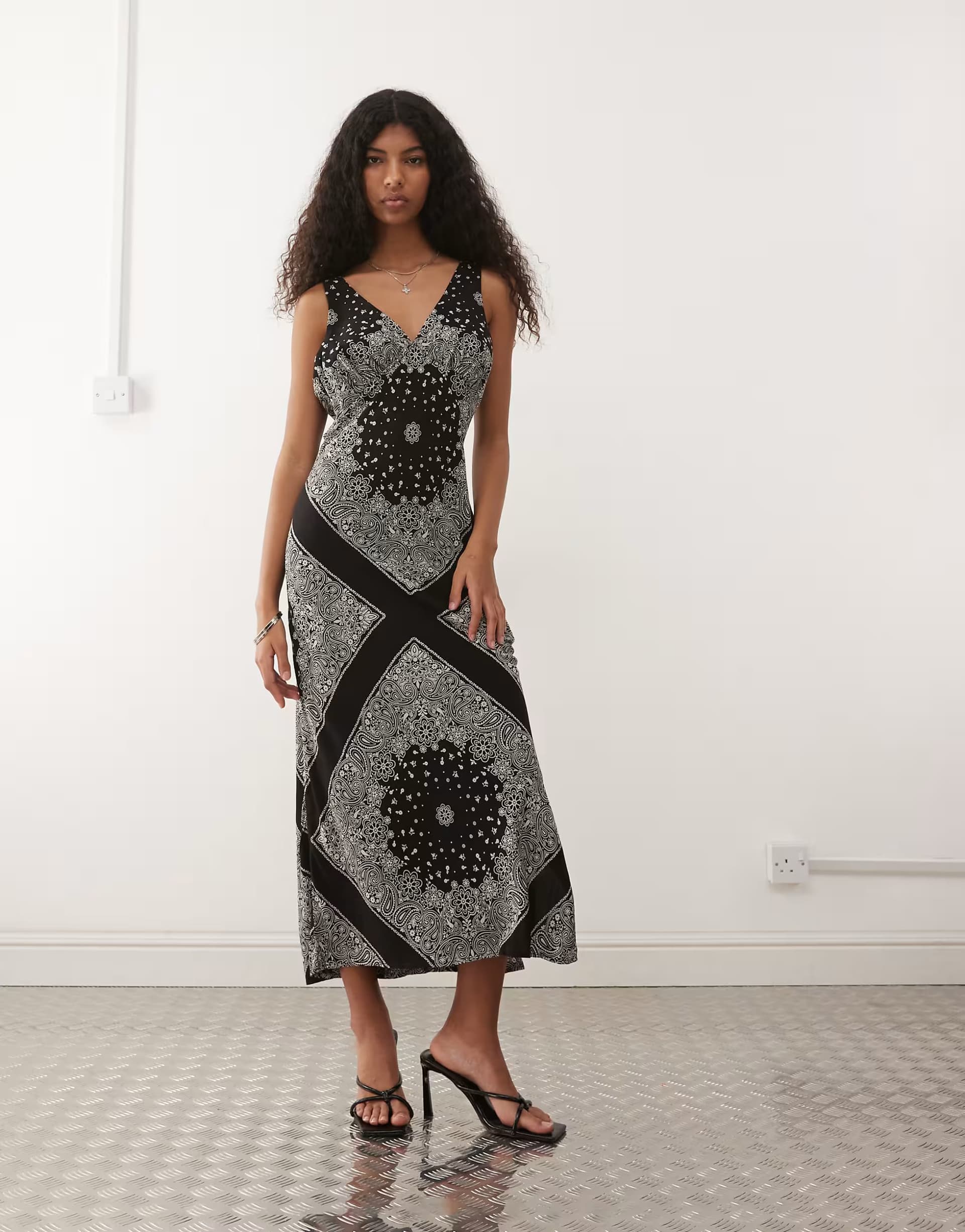 ASOS Wrangler bias slip dress in black and grey print