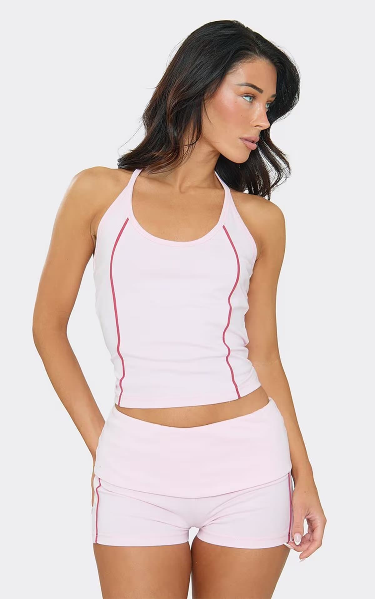EGO Halterneck Contrast Side Stripe Detail Top In Baby Pink, Women's Size UK 6