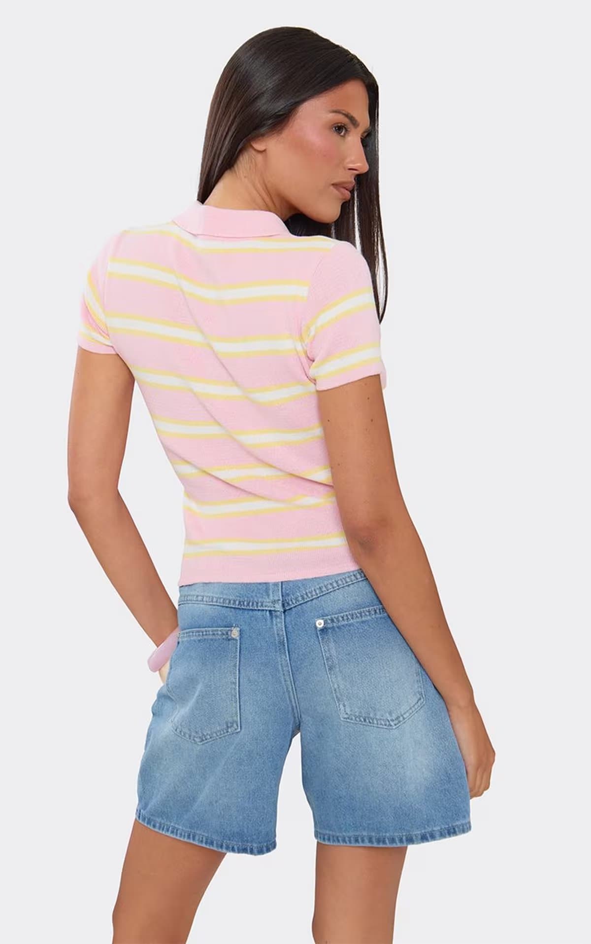 EGO Collared Button Down Min Min Top In Pink Stripe Knit, Women's Size UK S