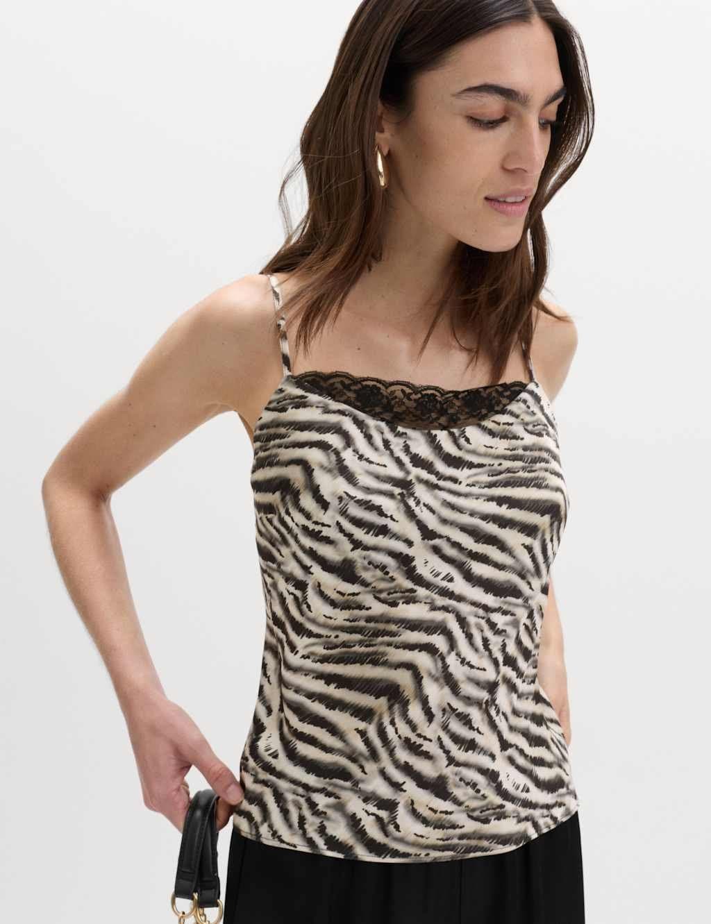 Marks & Spencer M&S Animal Print Lace Detail Cami Top Black Mix