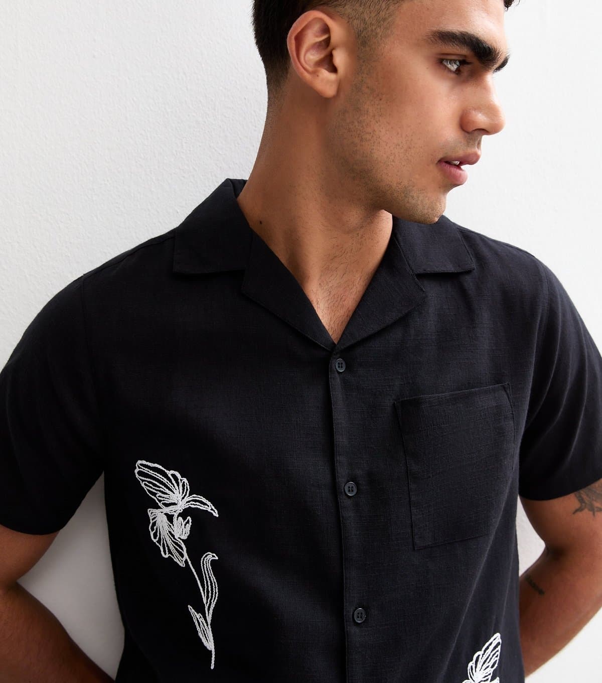 New Look New Look Men's Black Floral Embroidered Short Sleeve Shirt