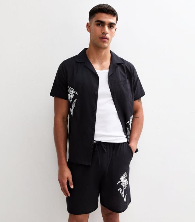 New Look Men's Black Regular Floral Embroidered Short Sleeve Shirt New Look - 2