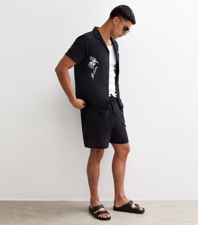 New Look Men's Black Regular Floral Embroidered Short Sleeve Shirt New Look - 3