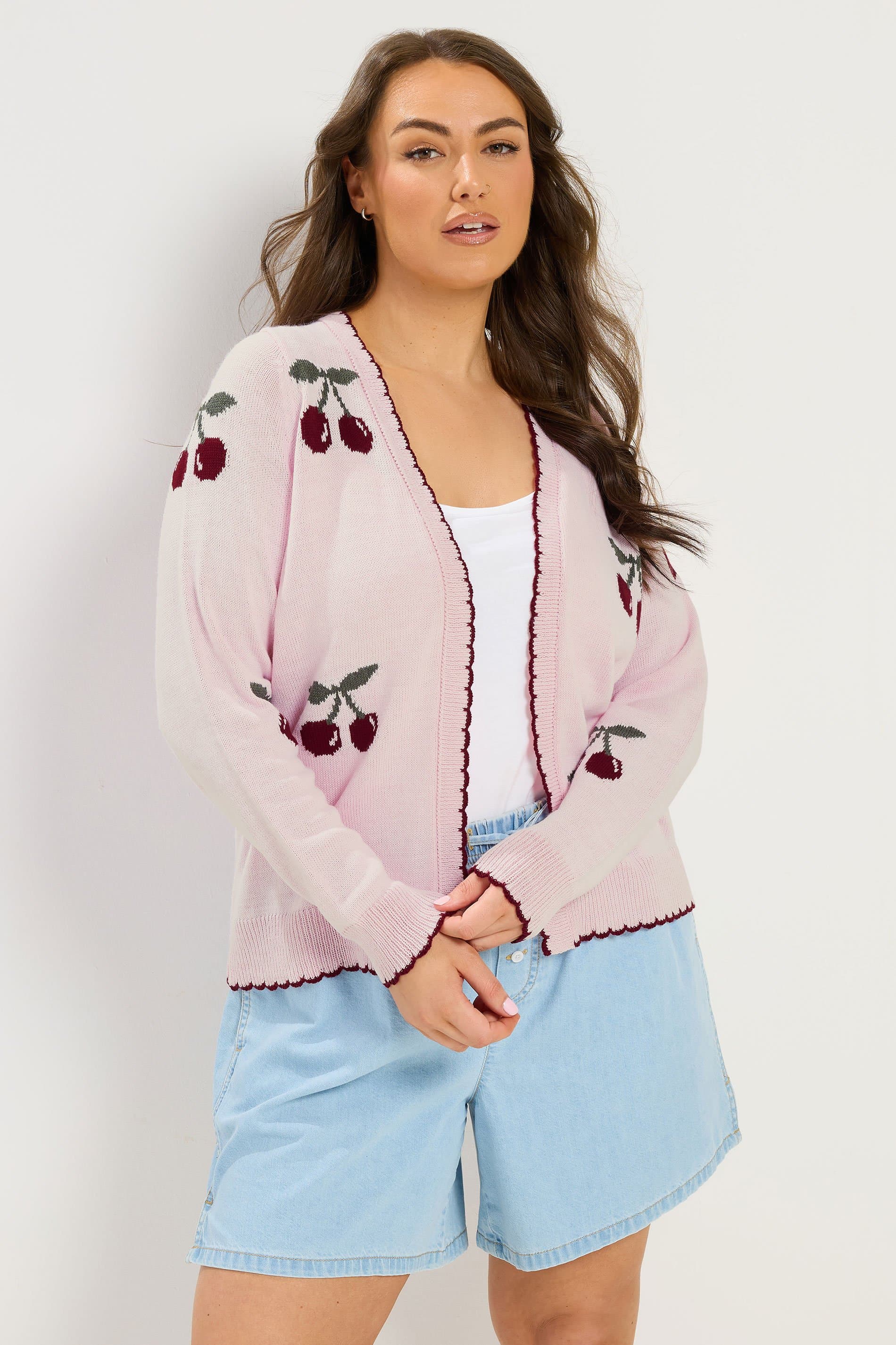 Yours Plus Size Pink Scallop Cherry Cardigan