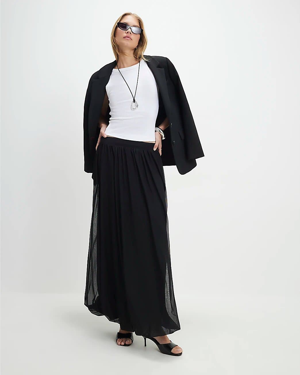 River Island River Island Womens Black Mesh Bubble Hem Midi Skirt
