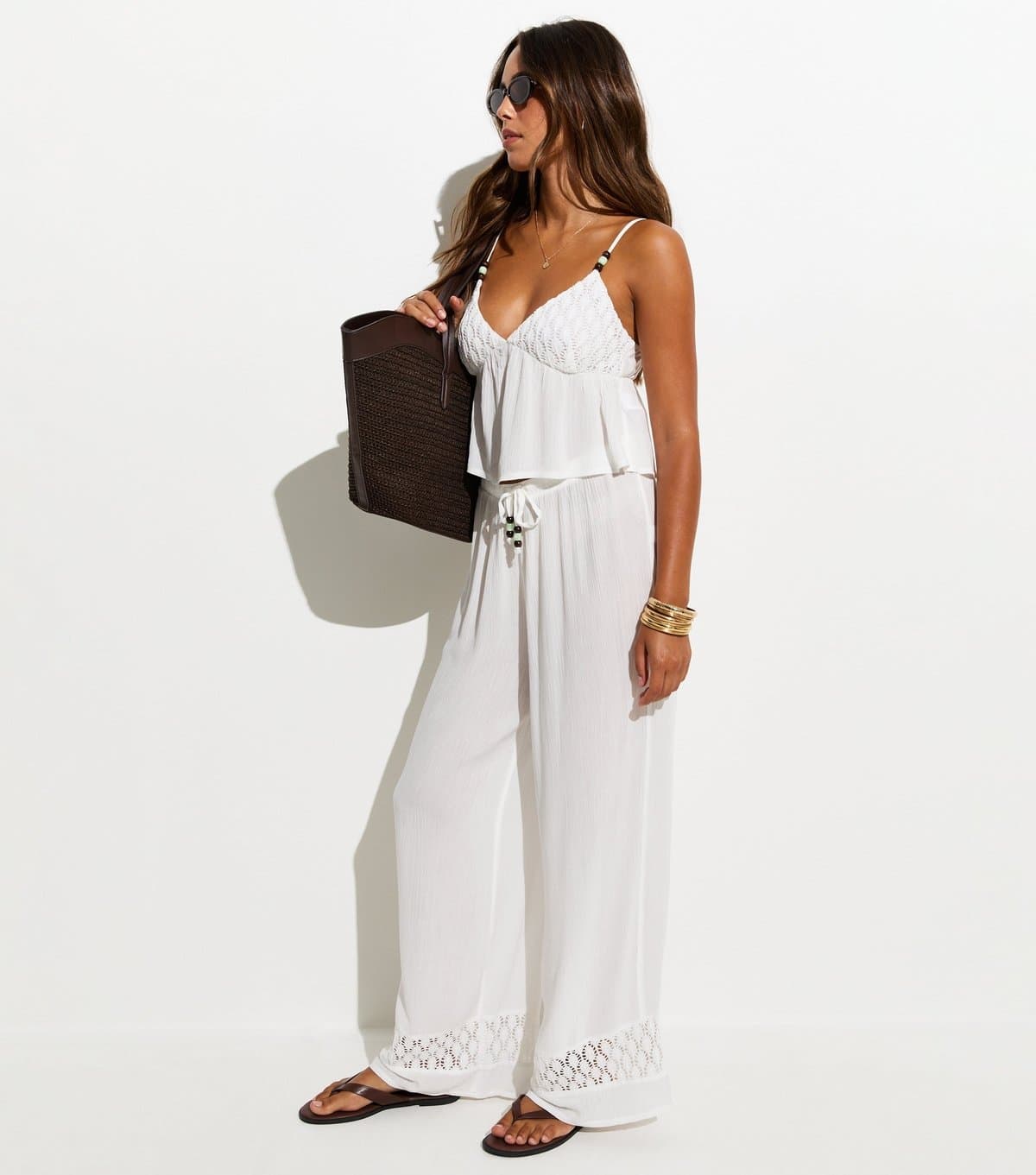 New Look Women's White Crinkle Texture Crochet Insert Beach Trousers New Look