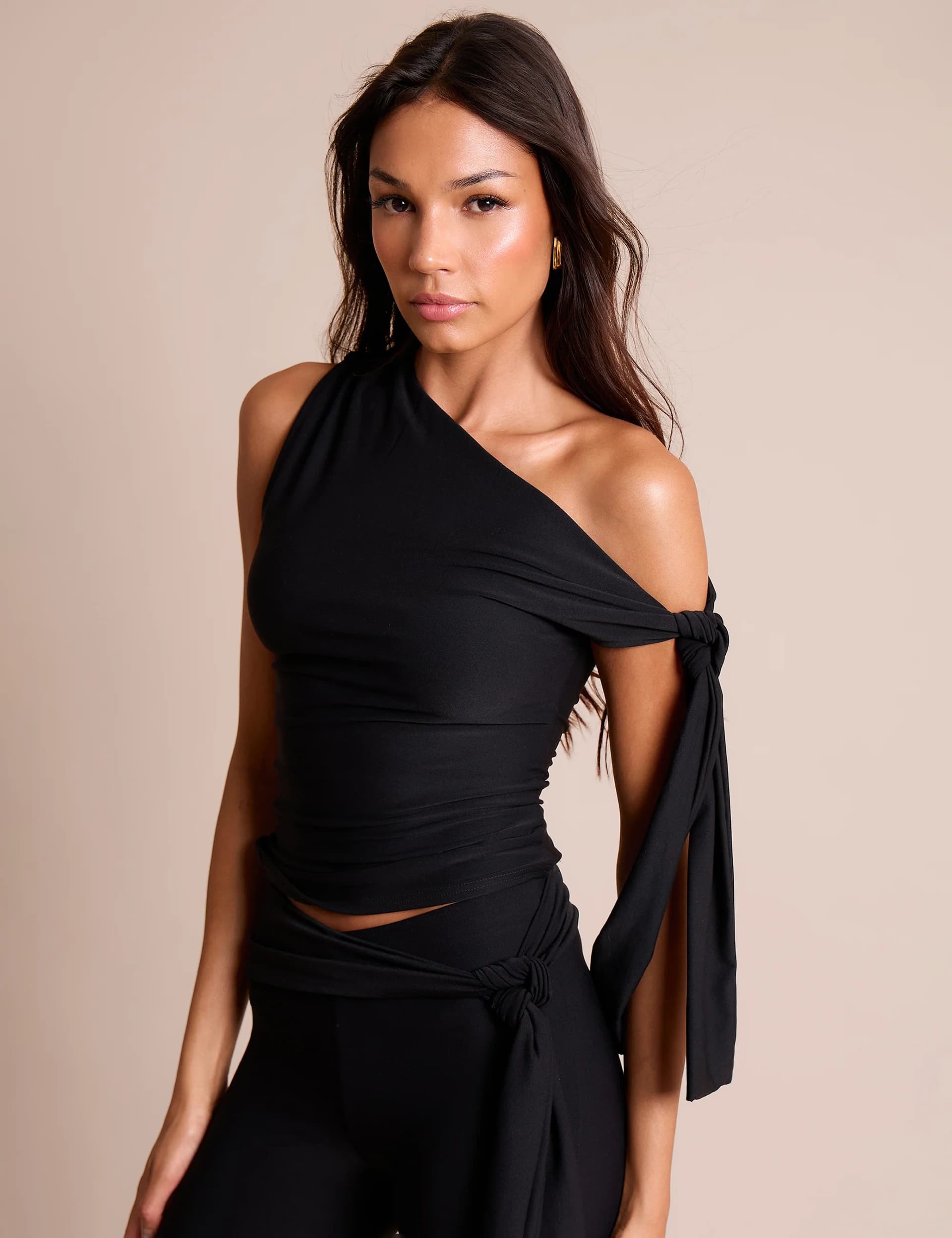 Public Desire Knot Detail Asymmetric One Shoulder Luxe Slinky Top Black