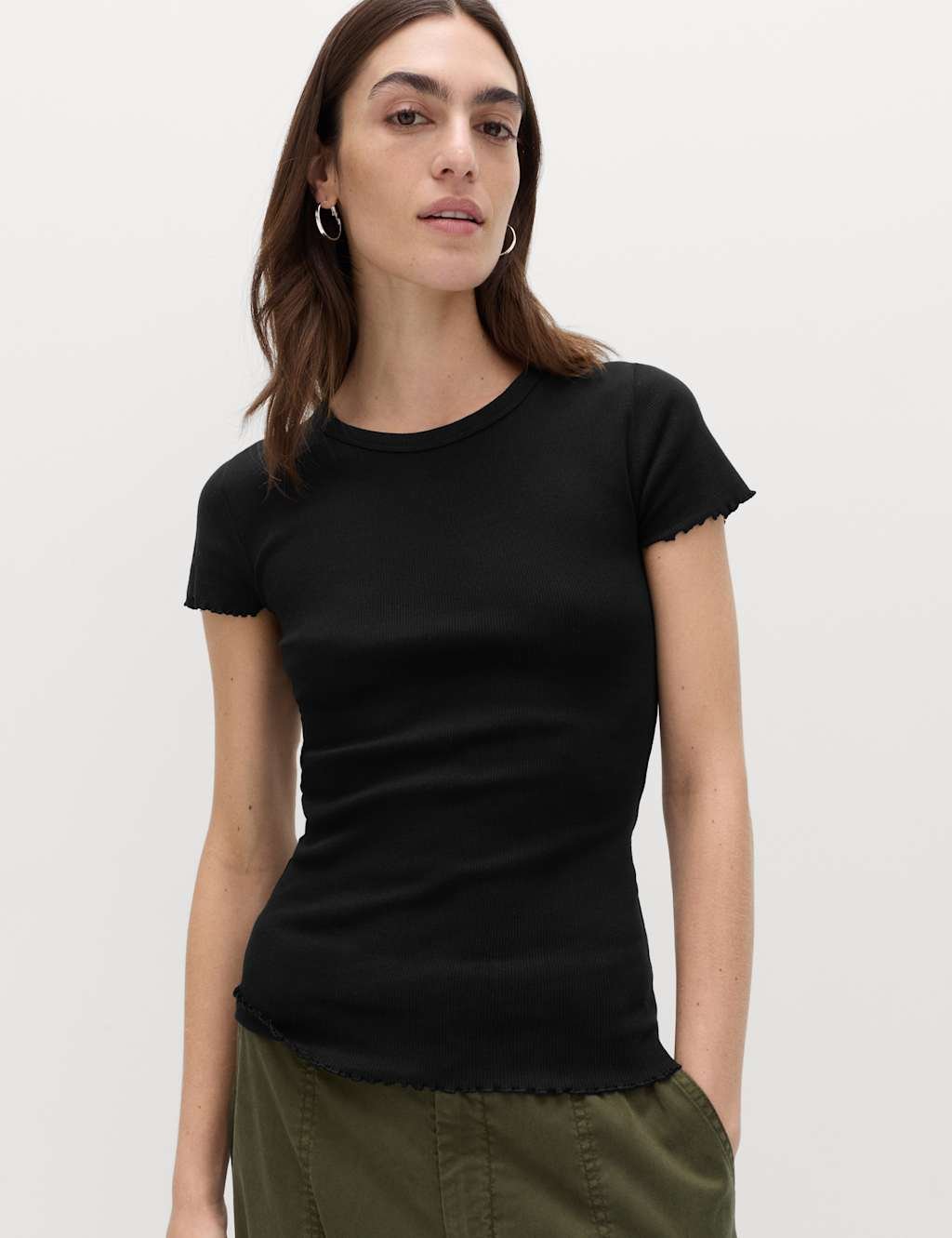 Marks & Spencer M&S Cotton Rich Ribbed Lettuce Edge T-Shirt Black - 2