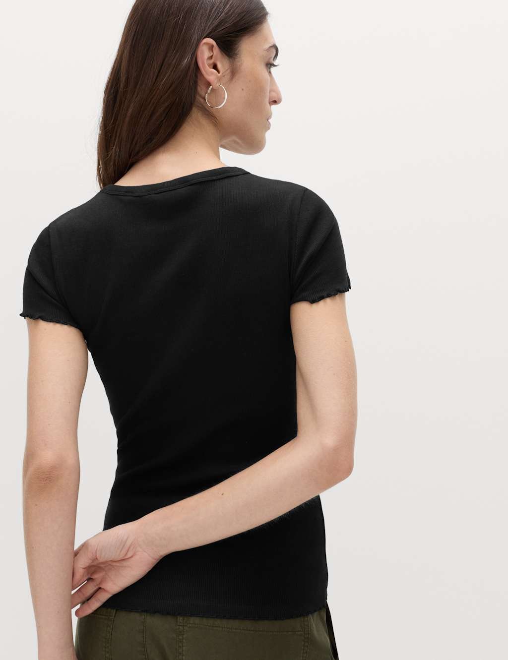 Marks & Spencer M&S Cotton Rich Ribbed Lettuce Edge T-Shirt Black - 3