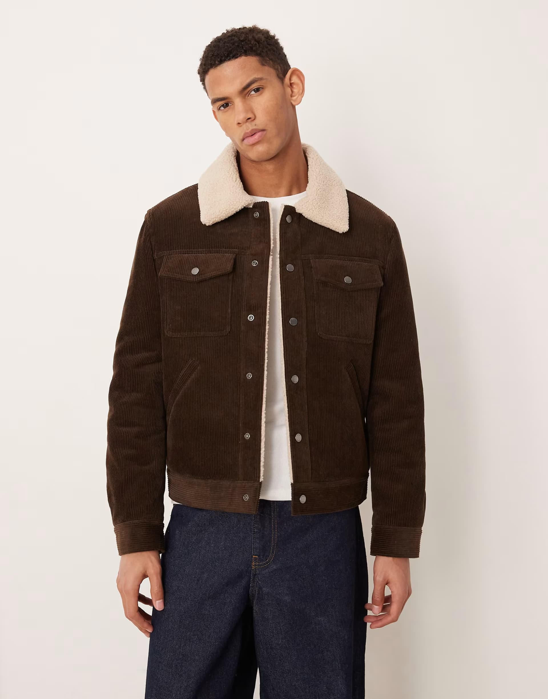 ASOS Mango 100% cotton cord jacket with borg collar in dark brown