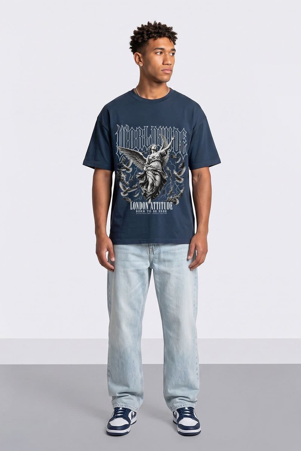 LONDON ATTITUDE LONDON ATTITUDE Men's Worldwide Angel Oversized Heavyweight Graphic T-Shirt in Blue
