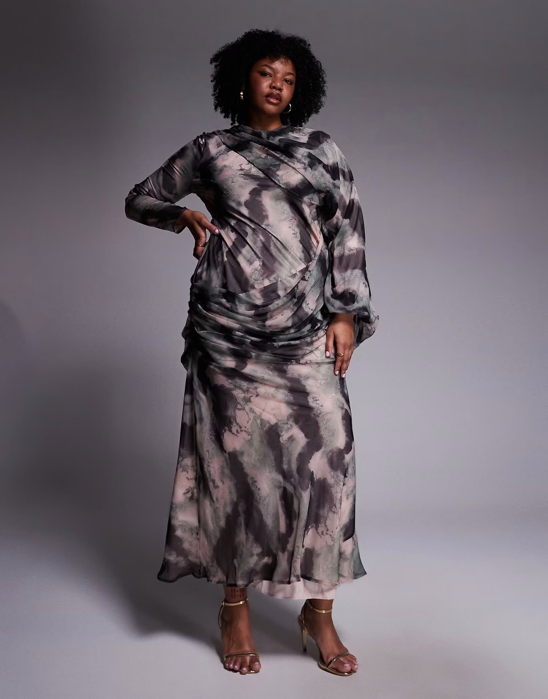 ASOS ASOS DESIGN Curve drape front blouson sleeve maxi dress in mustard floral