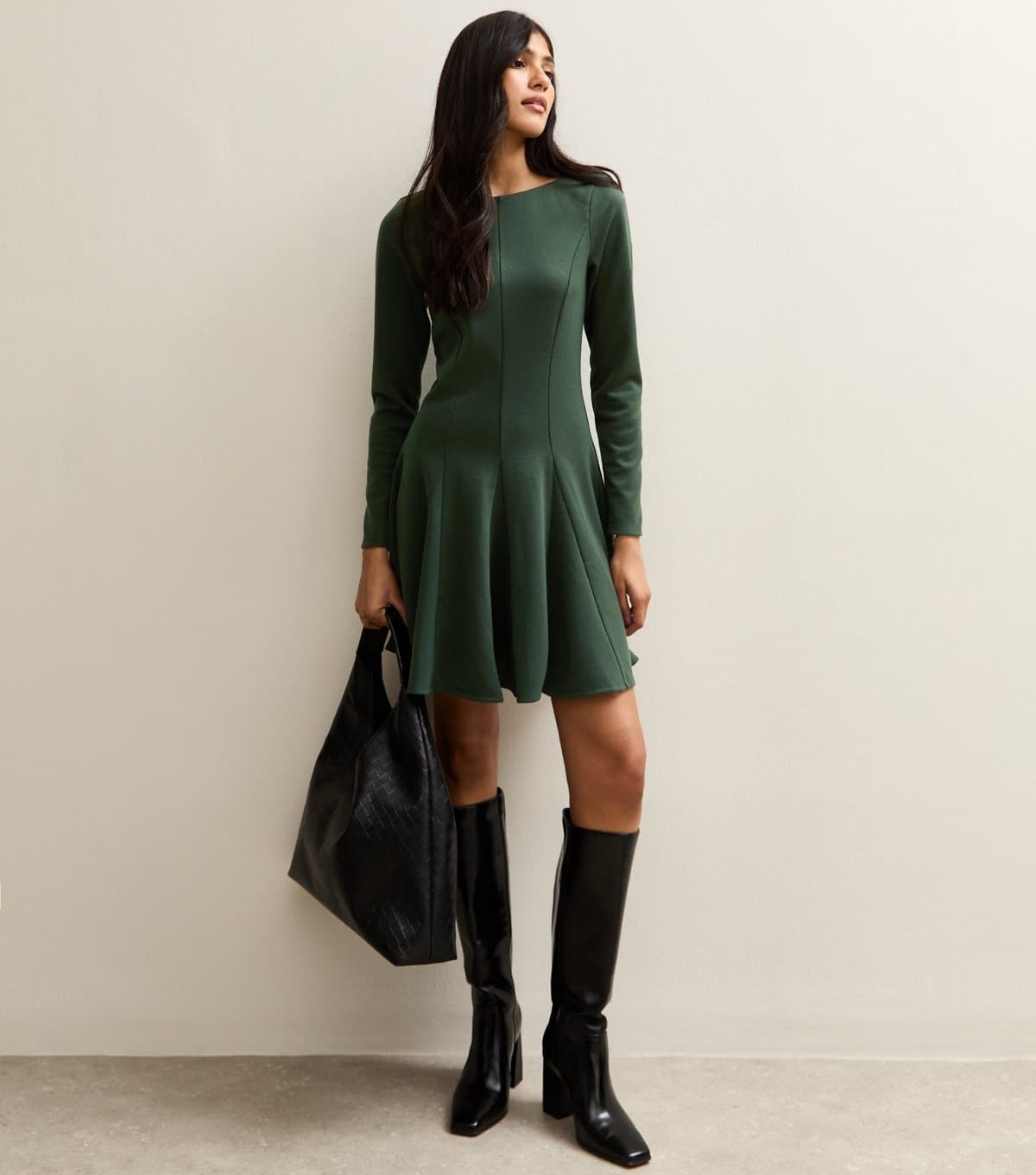 New Look Women's Dark Green Slash Neck Long Sleeve Skater Dress New Look