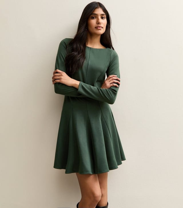 New Look Women's Dark Green Slash Neck Long Sleeve Skater Dress New Look - 2