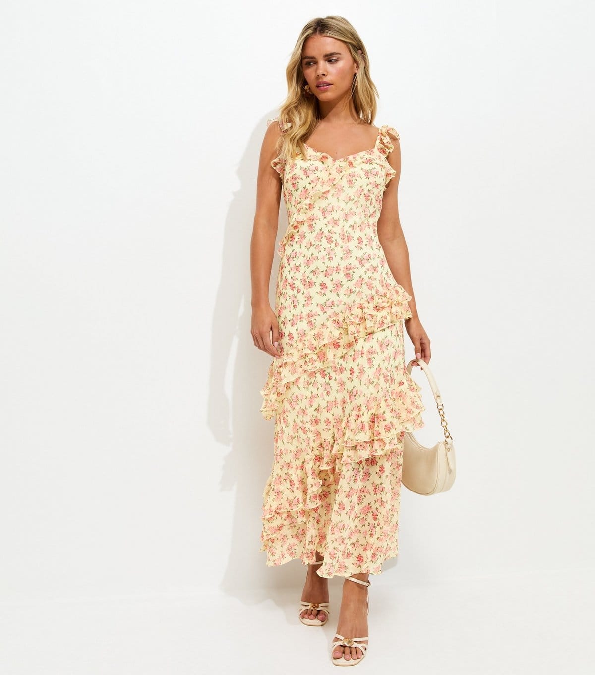 Women's Petite Yellow Floral Print Ruffle Trim Maxi Dress New Look