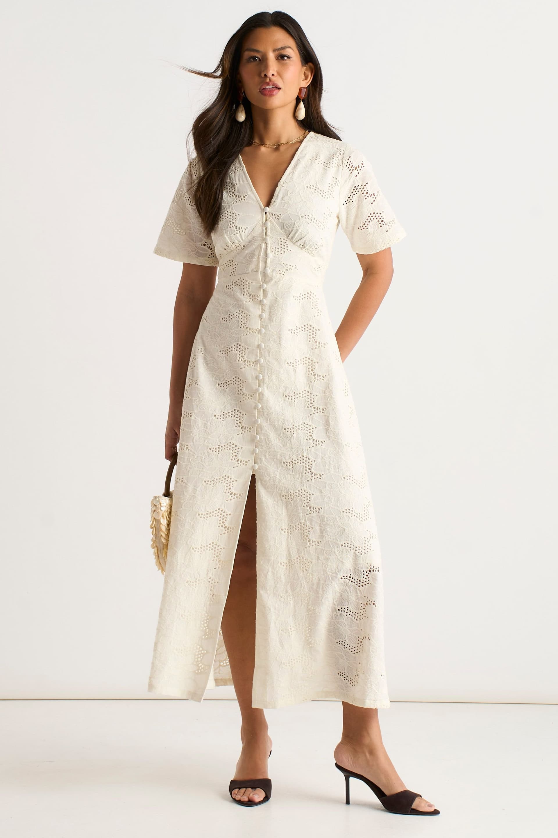 Gini London Gini London Women's White Lace Button Through Midi Dress