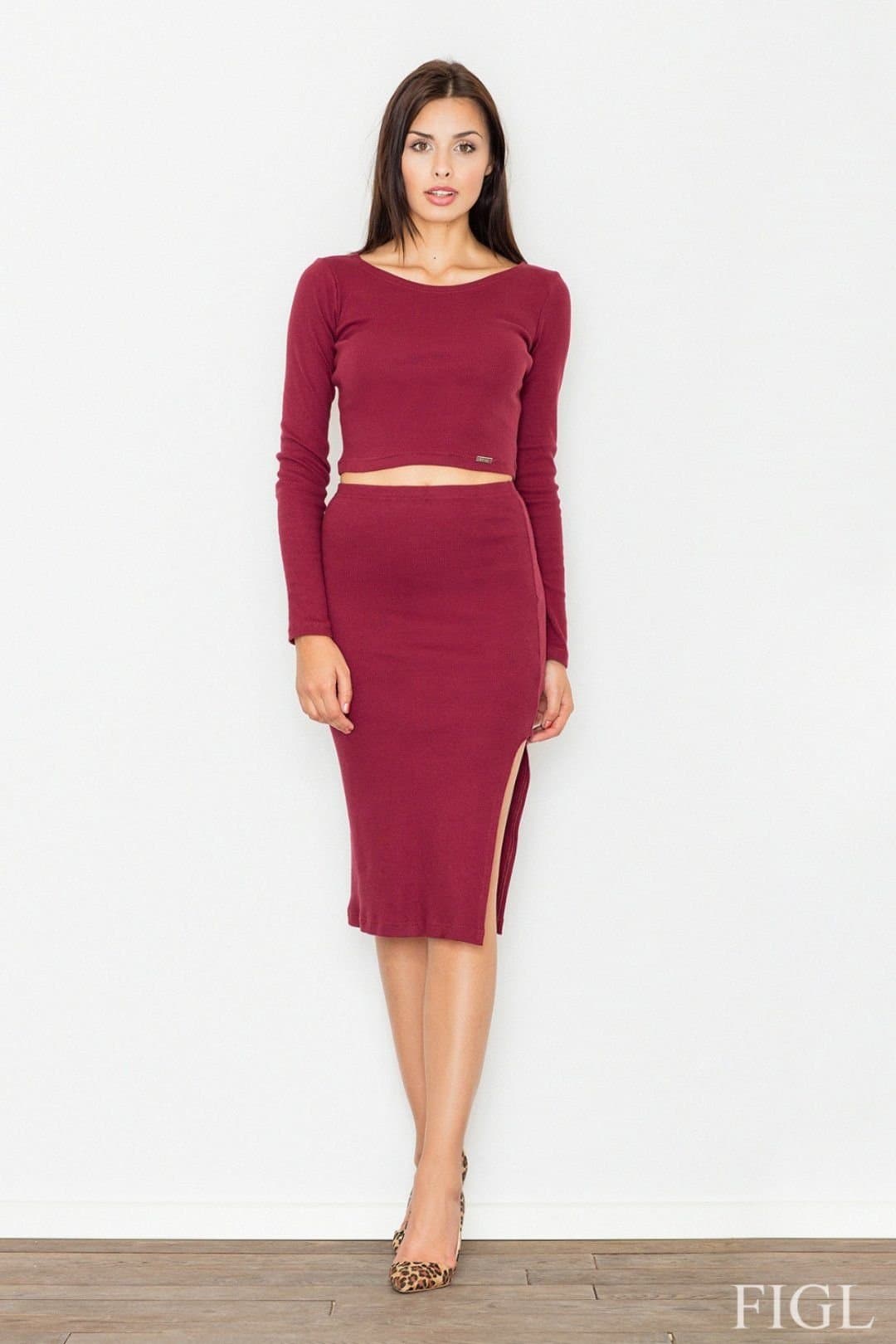 Love Lace Love Lace Women's Long Sleeve Cotton Knit Top & Pencil Skirt Set in Burgundy