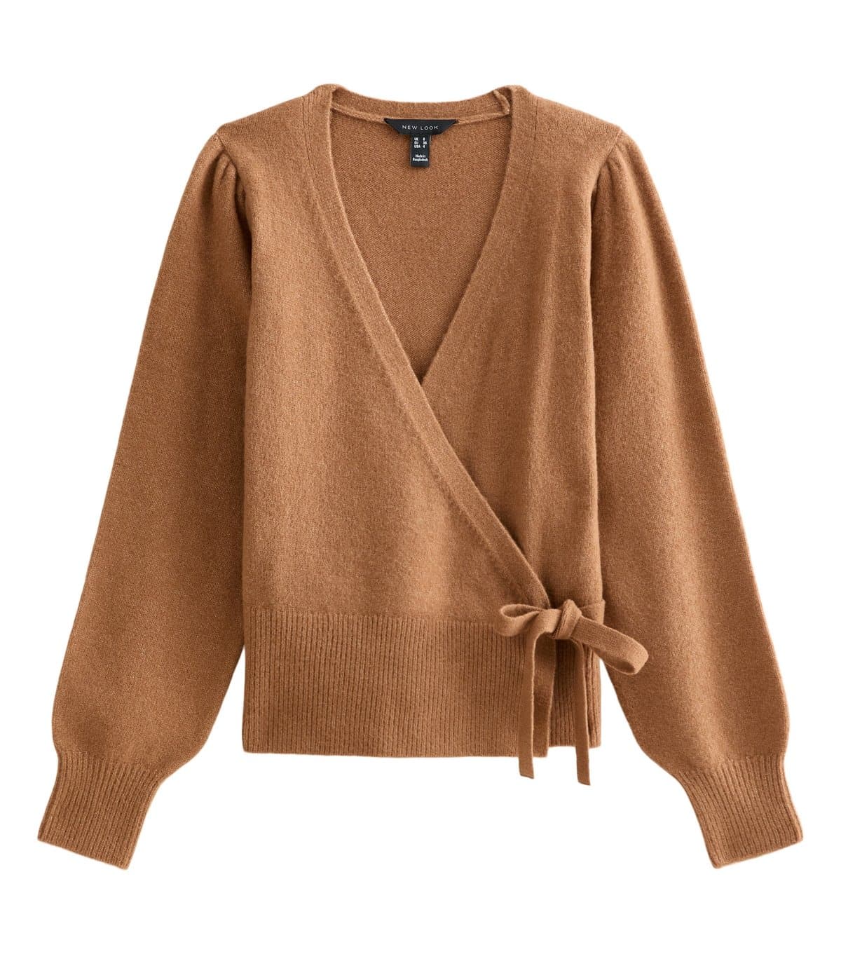 New Look Women's Stone Puff Sleeve Knitted Wrap Jumper New Look