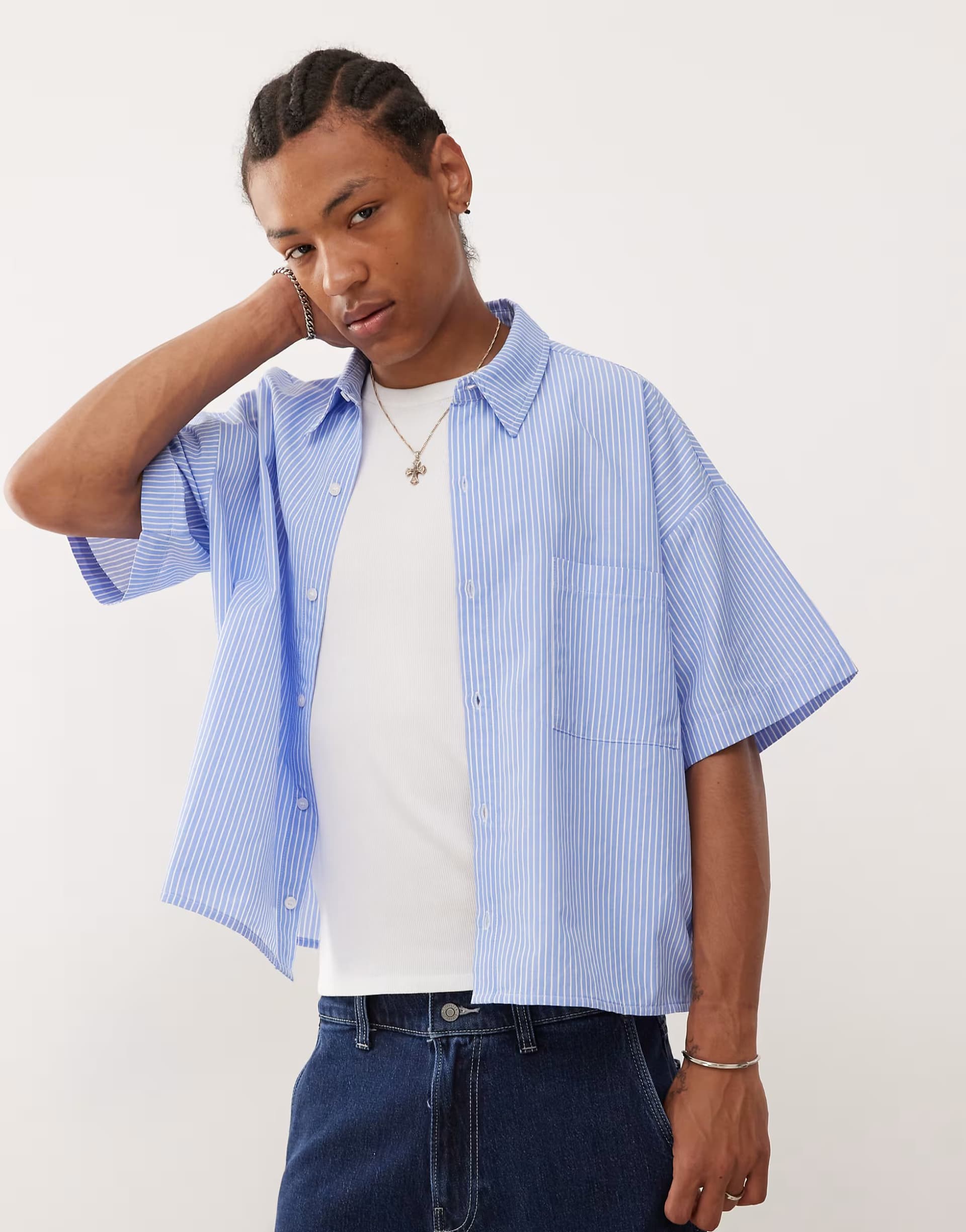 ASOS Reclaimed Vintage short sleeve boxy shirt in blue pinstripe