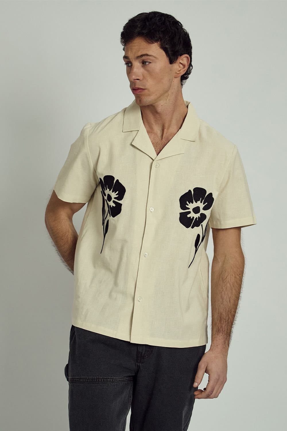 Native Youth Native Youth Men's Cotton Linen Blend Short Sleeve Embroidered Shirt in Cream