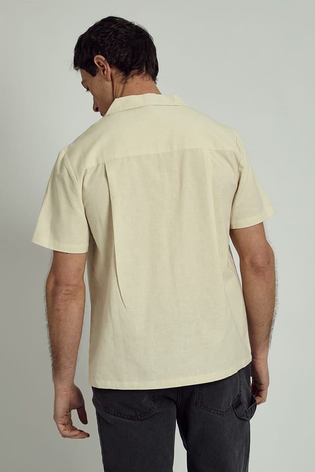 Native Youth Native Youth Men's Cotton Linen Blend Short Sleeve Embroidered Shirt in Cream - 2