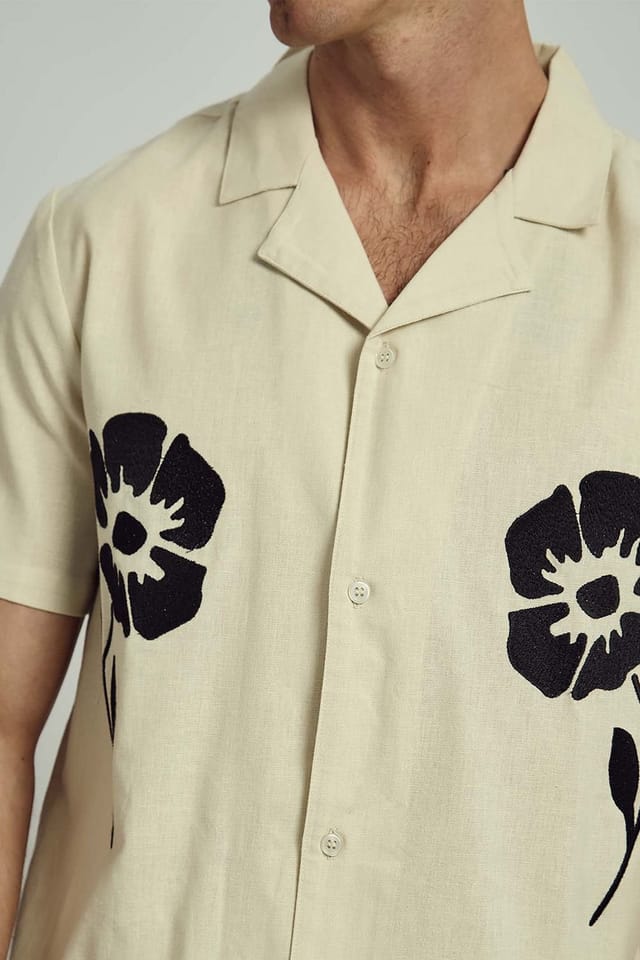 Native Youth Native Youth Men's Cotton Linen Blend Short Sleeve Embroidered Shirt in Cream - 3