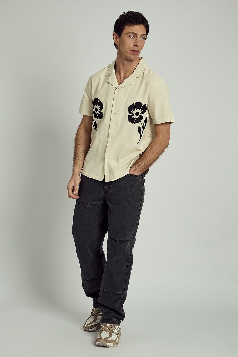 Native Youth Native Youth Men's Cotton Linen Blend Short Sleeve Embroidered Shirt in Cream - 4