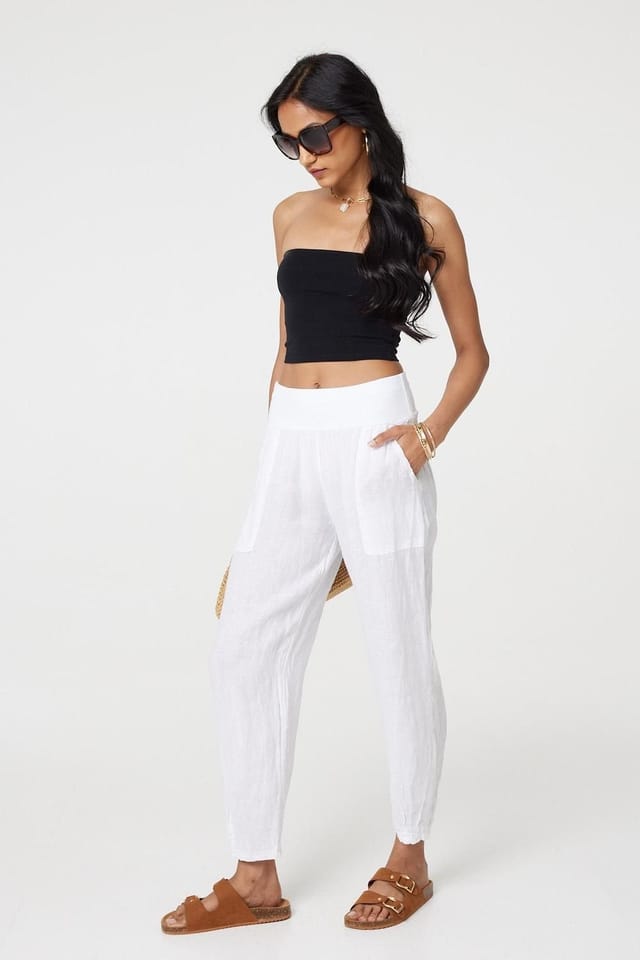 Izabel London Izabel London Women's Relaxed Linen Tapered Trousers in White - 2