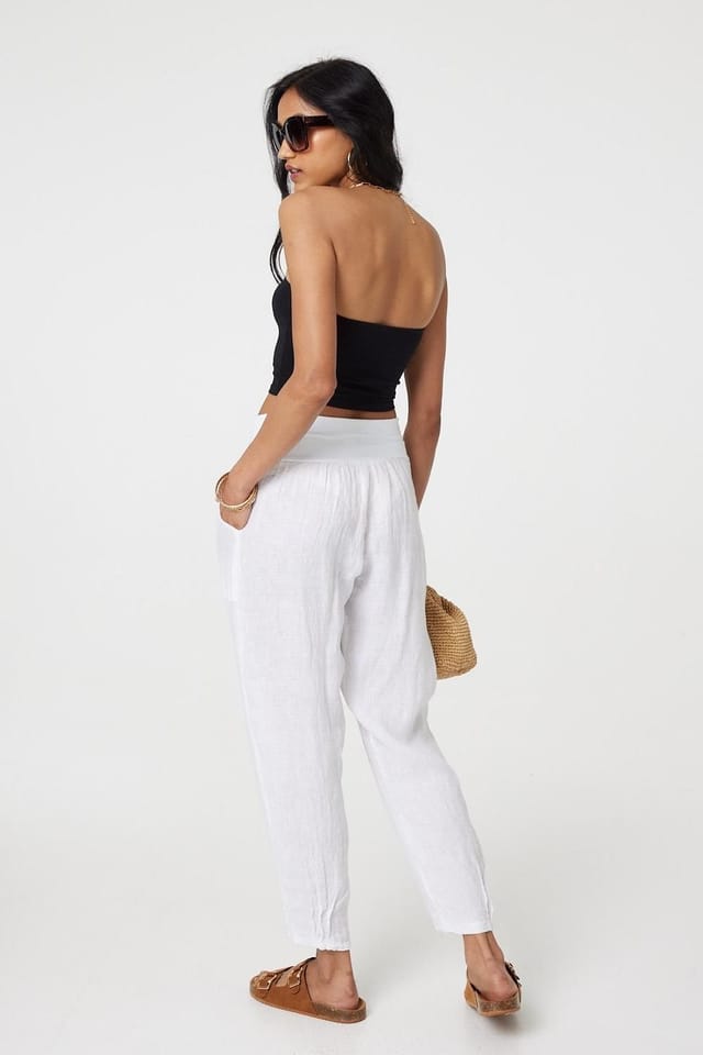 Izabel London Izabel London Women's Relaxed Linen Tapered Trousers in White - 3