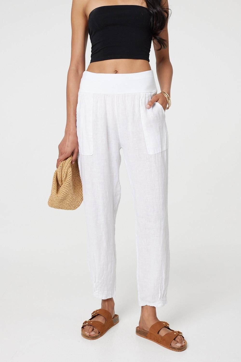 Izabel London Izabel London Women's Relaxed Linen Tapered Trousers in White - 4