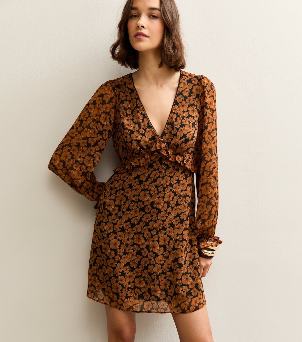 New Look Women's Brown Floral Long Sleeve Mini Dress New Look