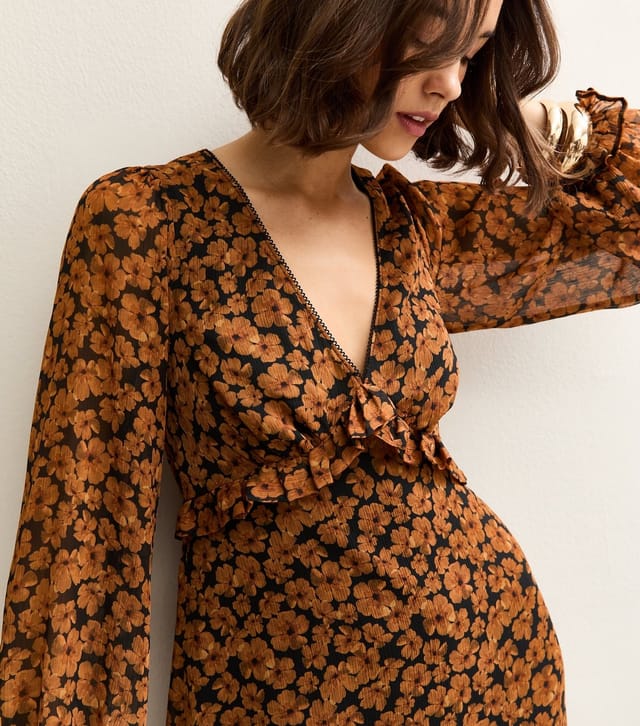 New Look Women's Brown Floral Long Sleeve Mini Dress New Look - 2