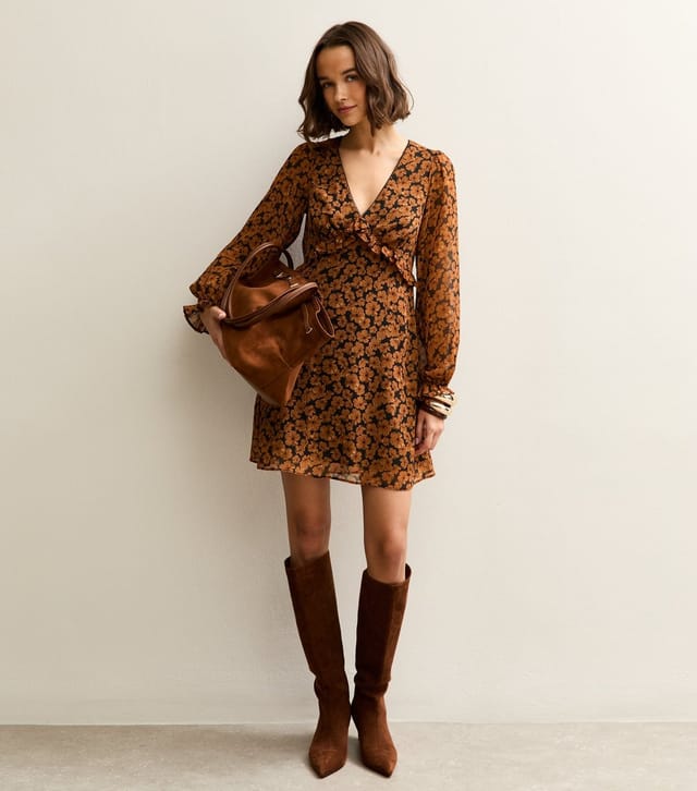 New Look Women's Brown Floral Long Sleeve Mini Dress New Look - 3