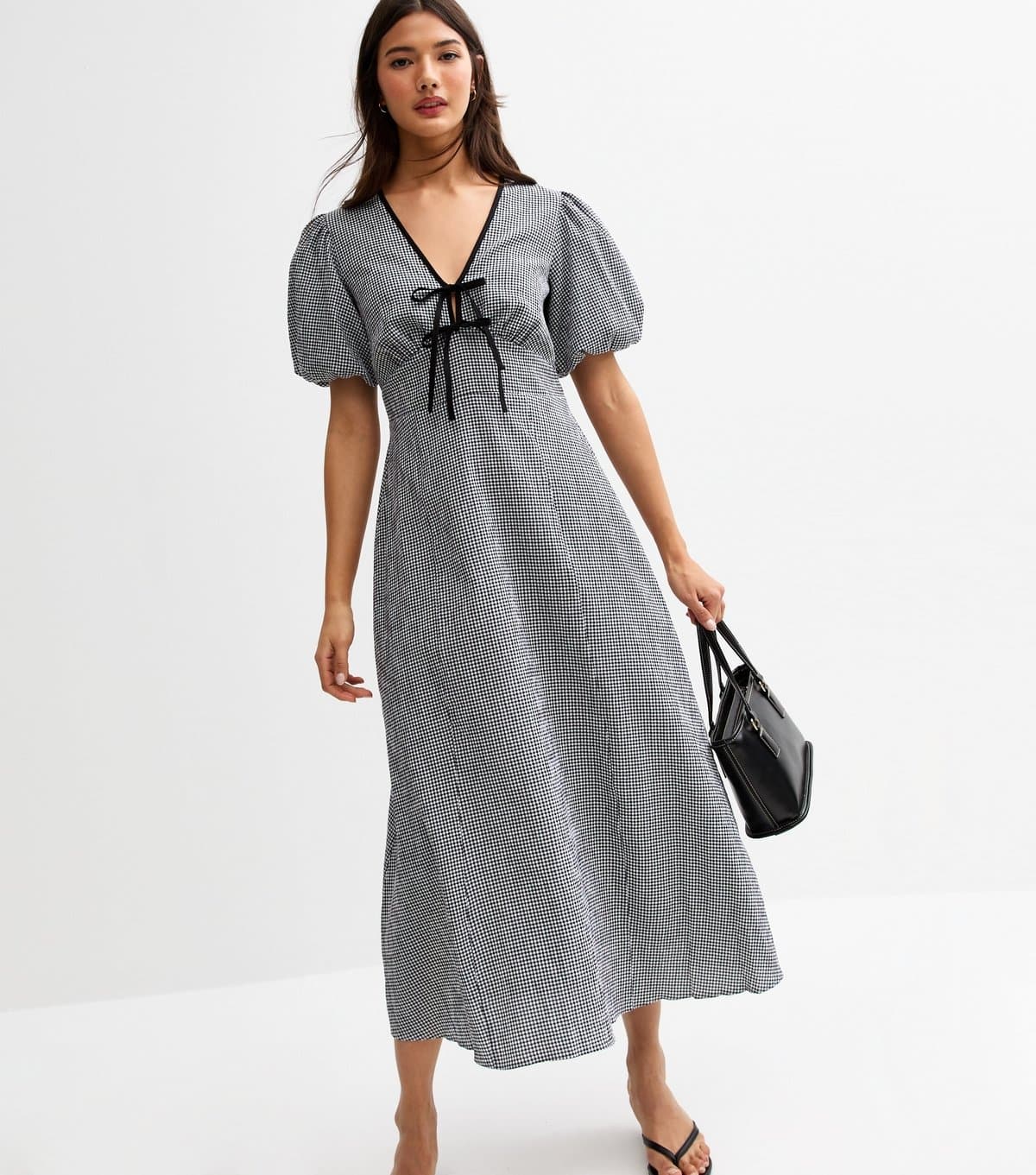 New Look Women's Black Gingham Check Tie Neck Midi Dress New Look