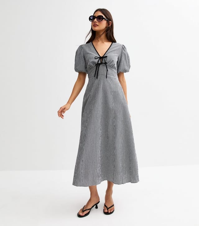 New Look Women's Black Gingham Check Tie Neck Midi Dress New Look - 2