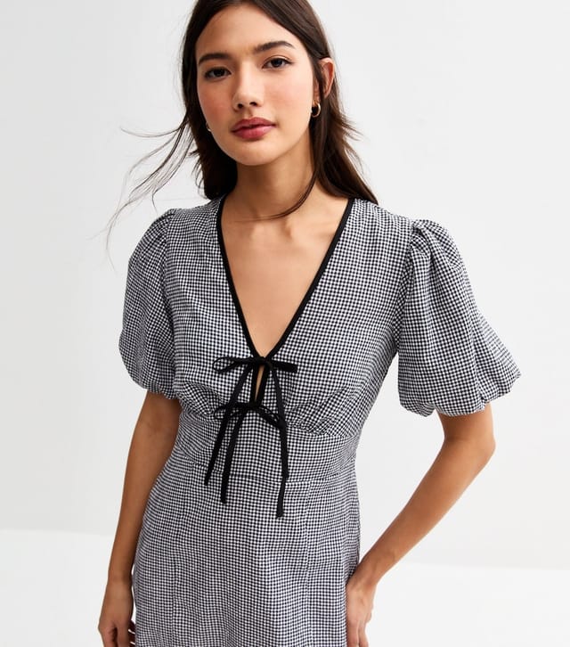 New Look Women's Black Gingham Check Tie Neck Midi Dress New Look - 3